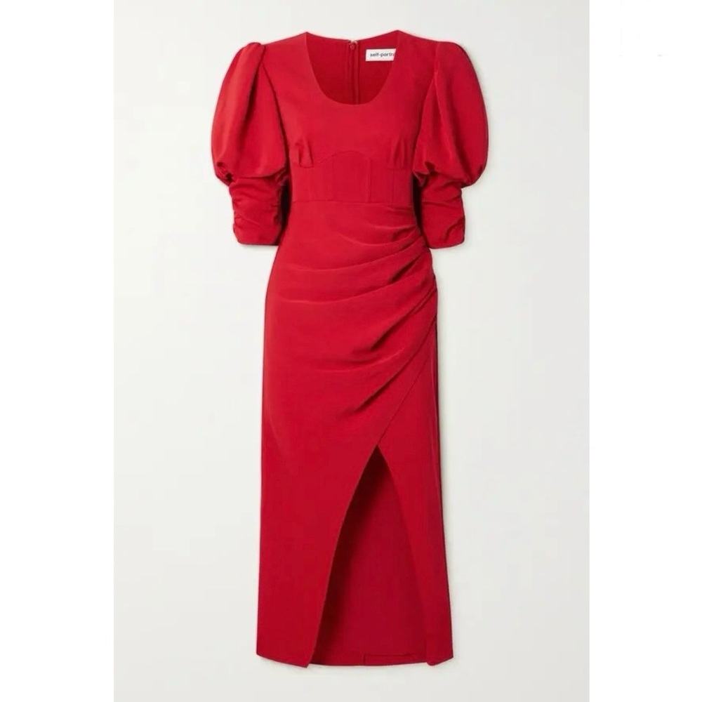 Self-Portrait Red Ruched Gathered Stretch Crepe Midi Dress size 2 NWT